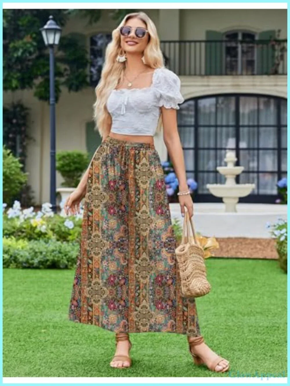 Boho Floral Maxi Skirt High Waist A-Line Long Skirt with Pockets